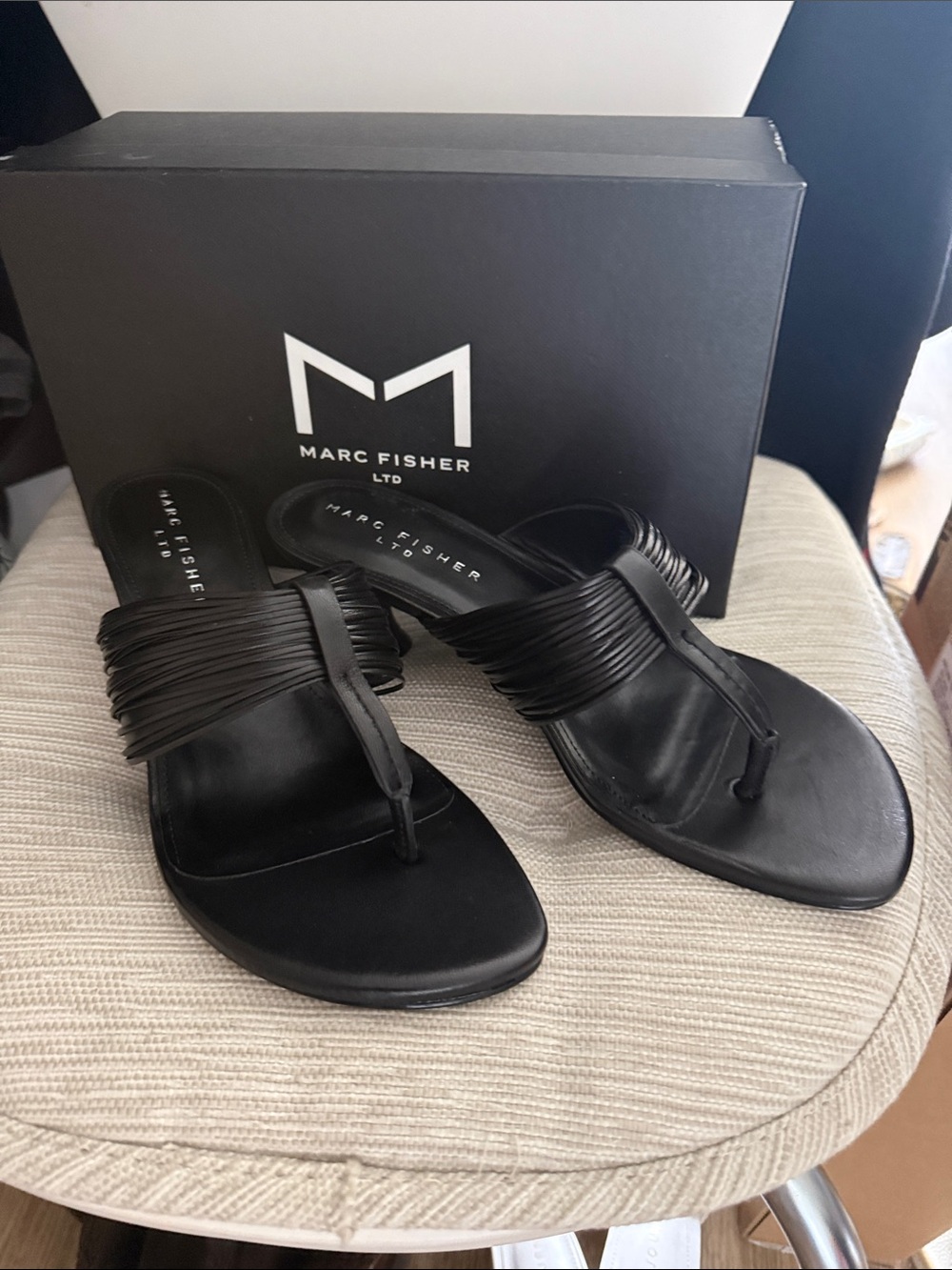 Marc Fisher Black Leather Multi-Strap Thong Sandals